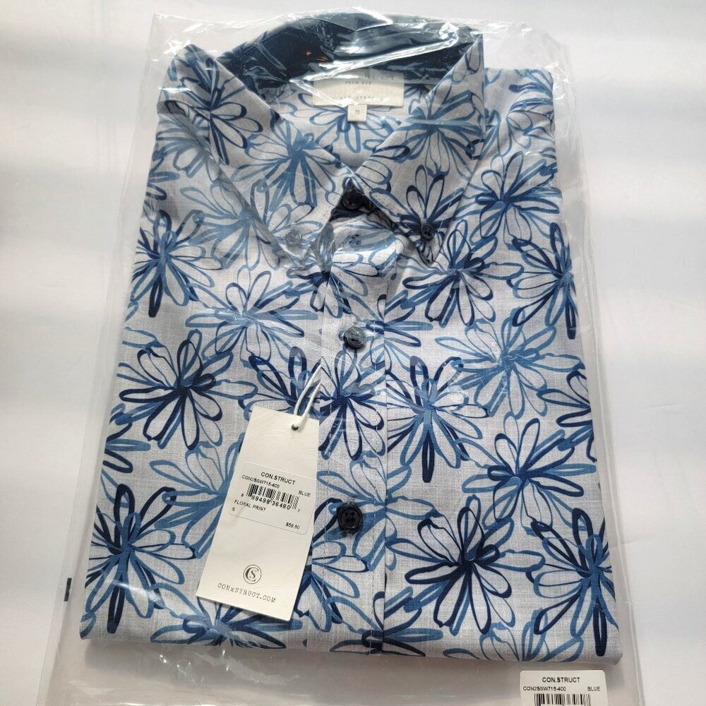 NWT Con.struct Shirt Short Sleeve Button Down Shirt - Size S, Blue Floral - Picture 1 of 9